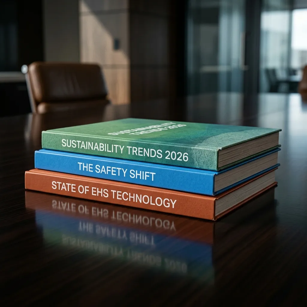 Stack of three EHS survey reports from Cority, Enablon, and Quentic with minimalist brand-coded covers
